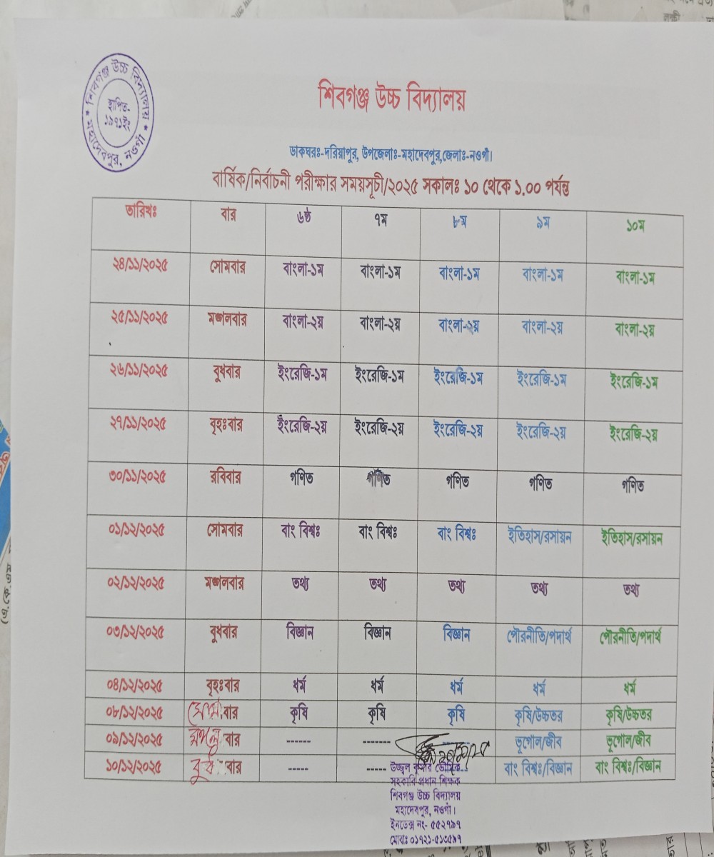 বার্ষিক ও নির্বাচনী পরীক্ষার রুটিন ২০২৫